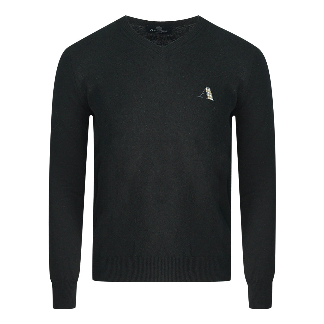 Aquascutum Check A Logo Black V-Neck Jumper - Nova Clothing