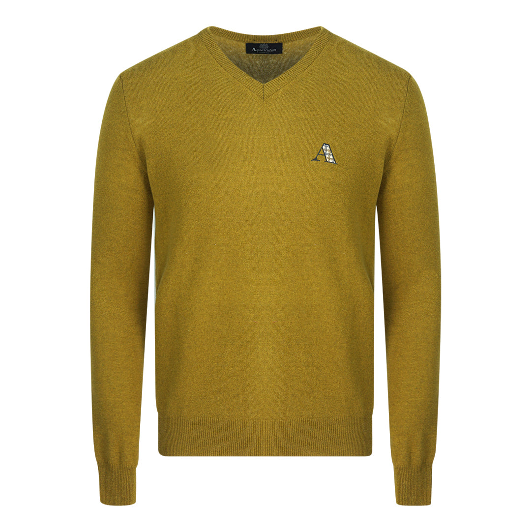 Aquascutum Check A Logo Dark Yellow V-Neck Jumper - Nova Clothing