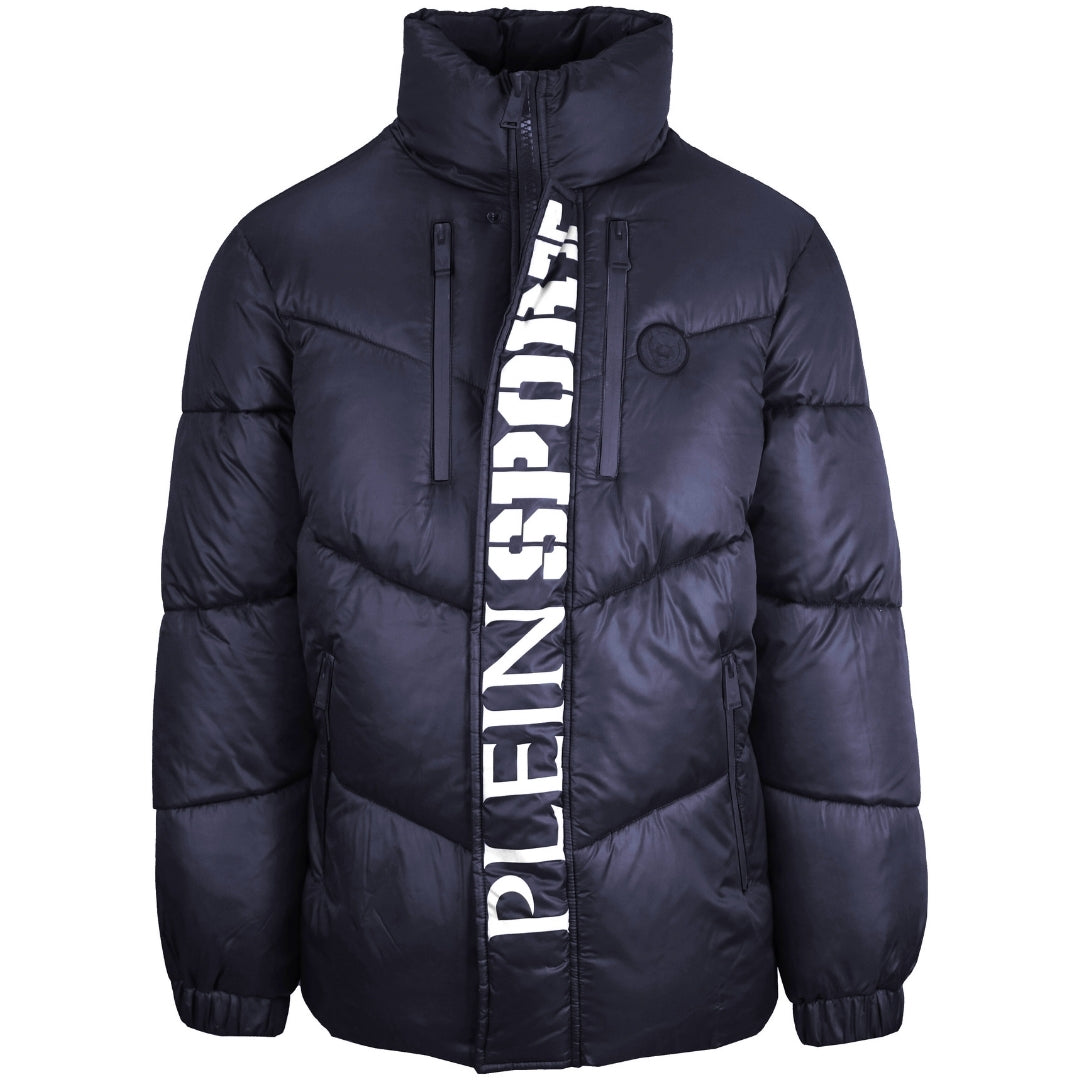 Plein Sport Bold Vertical Logo Shiny Padded Navy Blue Jacket S